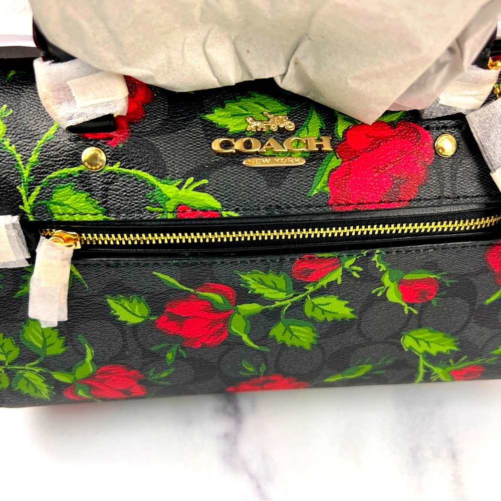 NWT Coach Rowan Satchel In Signature Canvas With Fairytale Rose Print - Picture 10 of 13